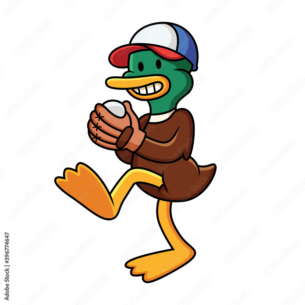 Cartoon duck playing baseball. Vector clip art illustration with simple gradients in white background.