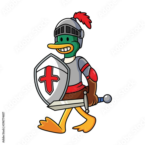 Knight duck vector cartoon illustration. Animal costume icon concept isolated in white background.