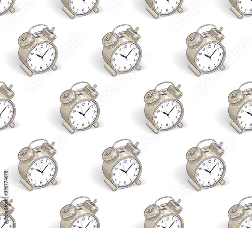 Alarm clocks seamless background, timer, deadline hurry and wake up concept, vector wallpaper or web site background.