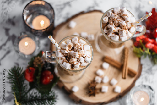 Still life cup of hot chocolate with marshmallows. Christmas. New Year. A festive hot drink. Mug of cappuccino. Sweet dessert.
