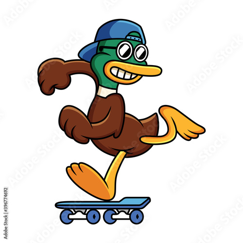 Cute duck playing skateboard vector cartoon Illustration. Cat playing skate concept. Duck cartoon logo.