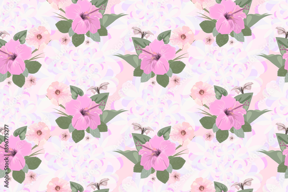 Vector seamless floral pattern with a hibiscus flower, in pastel gentle pink and peach tones on a fractal background, for textile design, wallpaper, pastel fabric, gift wrapping.
