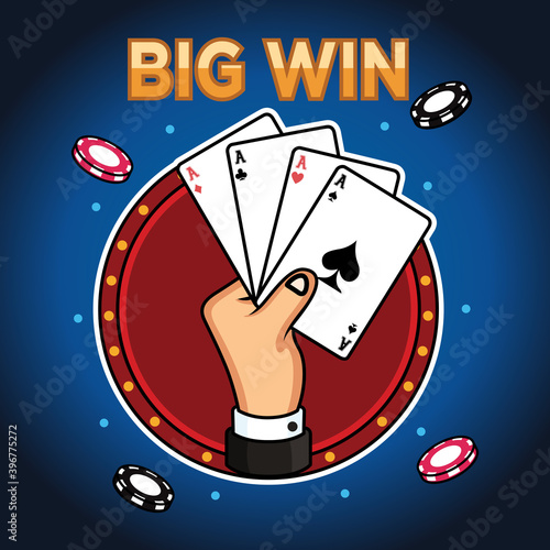 Vector of hand carries a poker card with the winning text. Game icon concept in navy background.