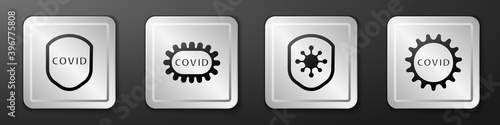 Set Shield protecting from virus, Corona virus covid-19, Shield protecting from virus and Corona virus covid-19 icon. Silver square button. Vector.