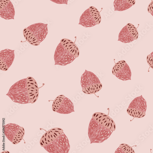 Seamless random pattern with red outline acorn elements. Light pink background.