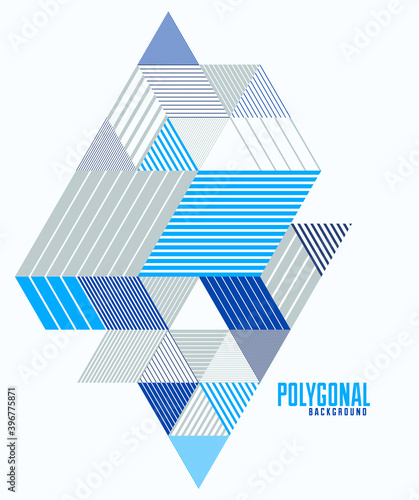 Abstract polygonal background with stripy triangles and 3D cubes vector design. Template for different advertising or covers or banners. Retro style graphic element.