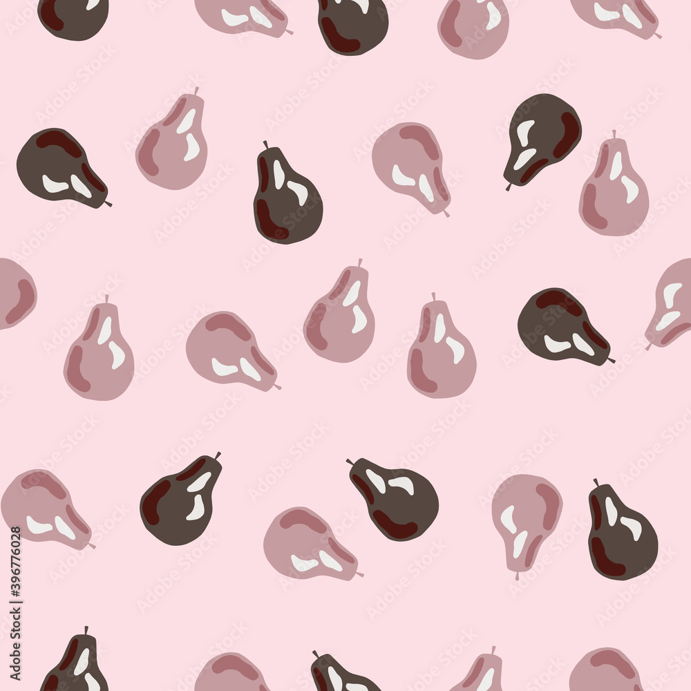 Random seamless pattern with pale pear elements. Pink and brown ornament fruit artwork.