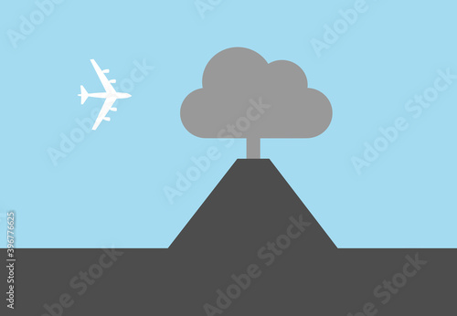 Volcano, volcanic eruption and flying airplane and plane on blue sky. Vector illustration