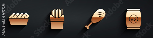 Set Chicken nuggets in box, Potatoes french fries in box, Chicken leg and Bag or packet potato chips icon with long shadow. Vector.