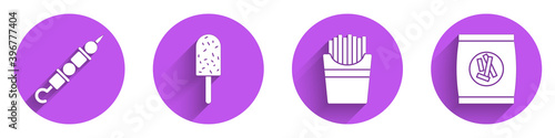 Set Grilled shish kebab, Ice cream, Potatoes french fries in box and Hard bread chucks crackers icon with long shadow. Vector.