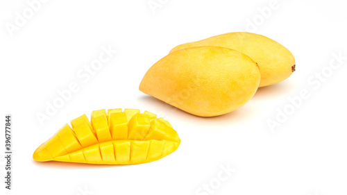 Ripe Barracuda mango on a white background.