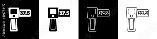 Set Digital contactless thermometer with infrared light icon isolated on black and white background. Vector.