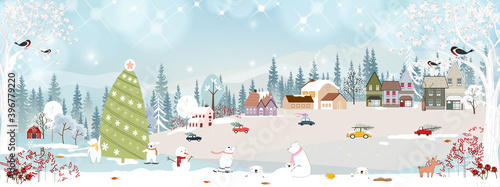 Winter landscape, Celebrating Christmas and new year in village at night with star and blue sky, Vector of horizontal banner winter wonderland in countryside with happy polar bear playing in the park