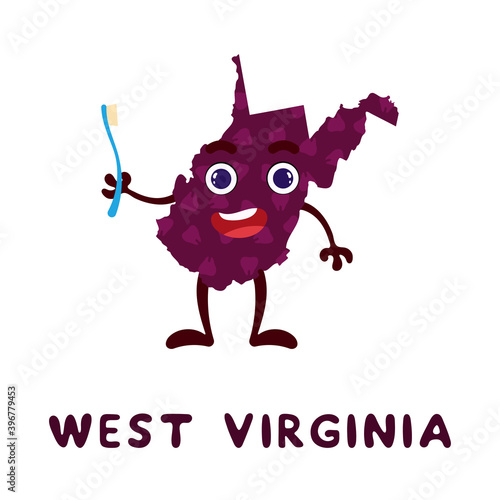 Cute cartoon West Virginia state character clipart. Illustrated map of state of West Virginia of USA with state name. Funny character design for kids game, sticker, cards, poster. Vector illustration.