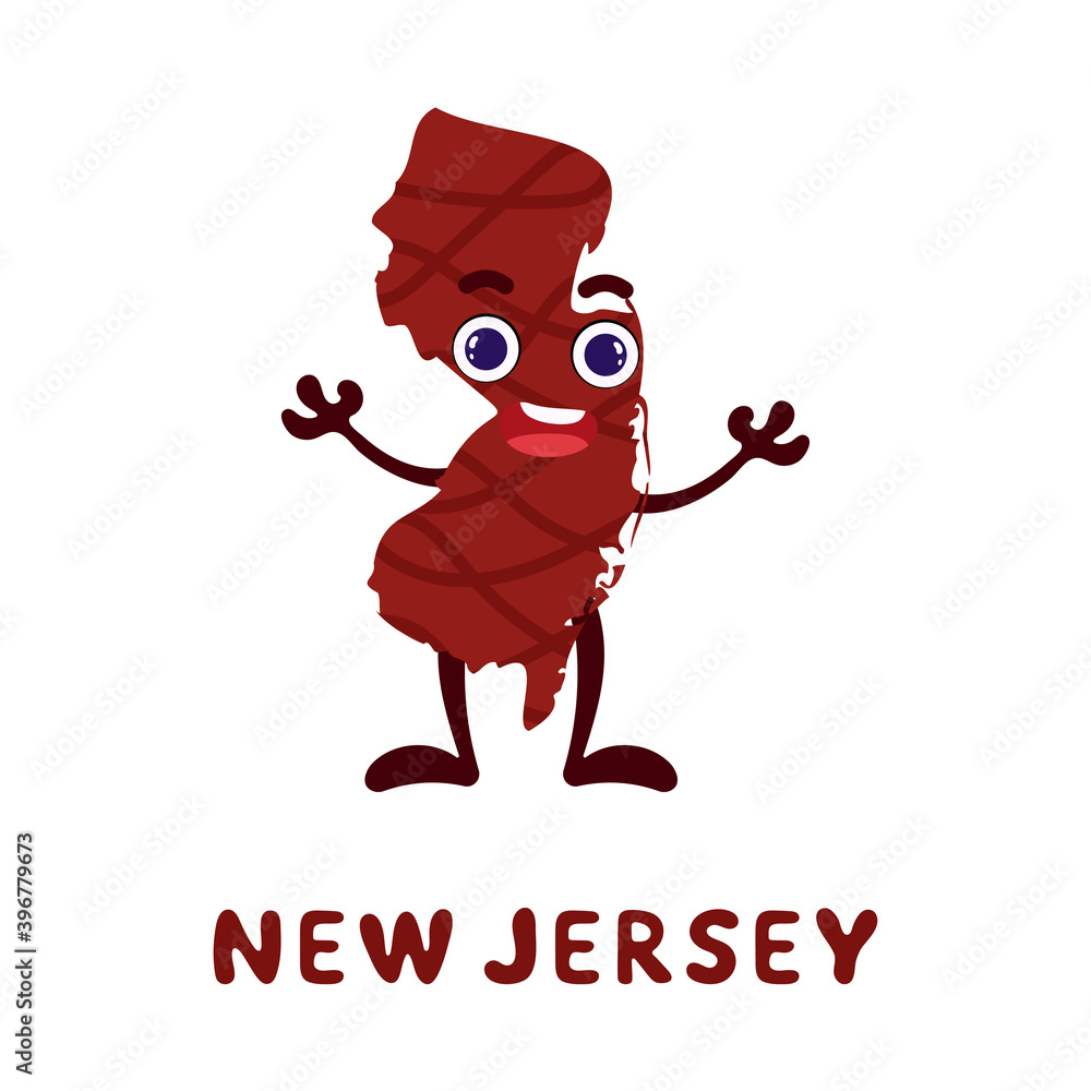 Surgir escocés voltereta Cute cartoon New Jersey state character clipart. Illustrated map of state  of New Jersey of USA with state name. Funny character design for kids game,  sticker, cards, poster. Vector stock illustration. vector