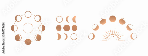 Phases of the moon, boho moon sun vector illustration, isolated on white background