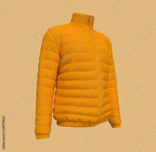 Men's warm sport puffer jacket isolated over yellow background, jacket design presentation. 3d rendering, 3d illustration photo