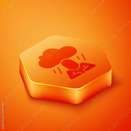 Isometric Depression and frustration icon isolated on orange background. Man in depressive state of mind. Mental health problems. Orange hexagon button. Vector.