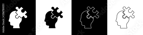 Set Solution to the problem in psychology icon isolated on black and white background. Puzzle. Therapy for mental health. Vector.