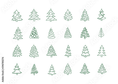 Fir tree line icons set. Christmas conifer spruce fir-tree. Hand drawn contour vector. Winter, holiday.