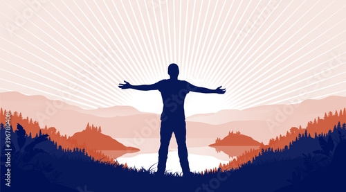 Finding purpose in life - Silhouette of enlightened man with open arms in nature, having a spiritual moment. Vector illustration.