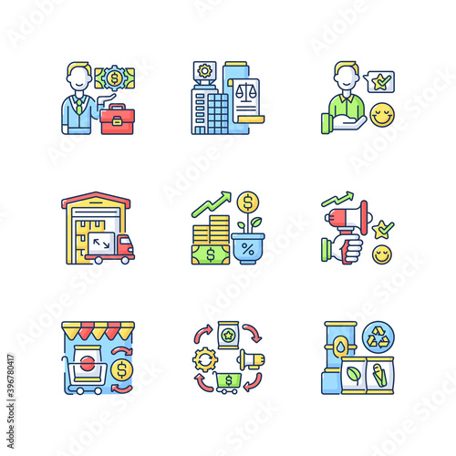 Business RGB color icons set. Successful entrepreneurship. Legal and customer service. Trading business management and promotion. Isolated vector illustrations