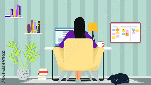 A young woman is sitting in front of a computer screen at a table. Working or studying concept. Home office. Books, shelves, plant, and cat. Vector illustration.