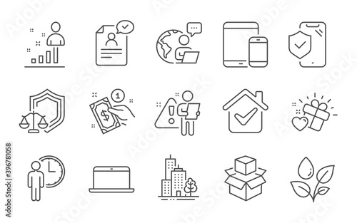 Payment method, Resume document and Justice scales line icons set. Mobile devices, Skyscraper buildings and Stats signs. Love gift, Packing boxes and Waiting symbols. Line icons set. Vector © blankstock