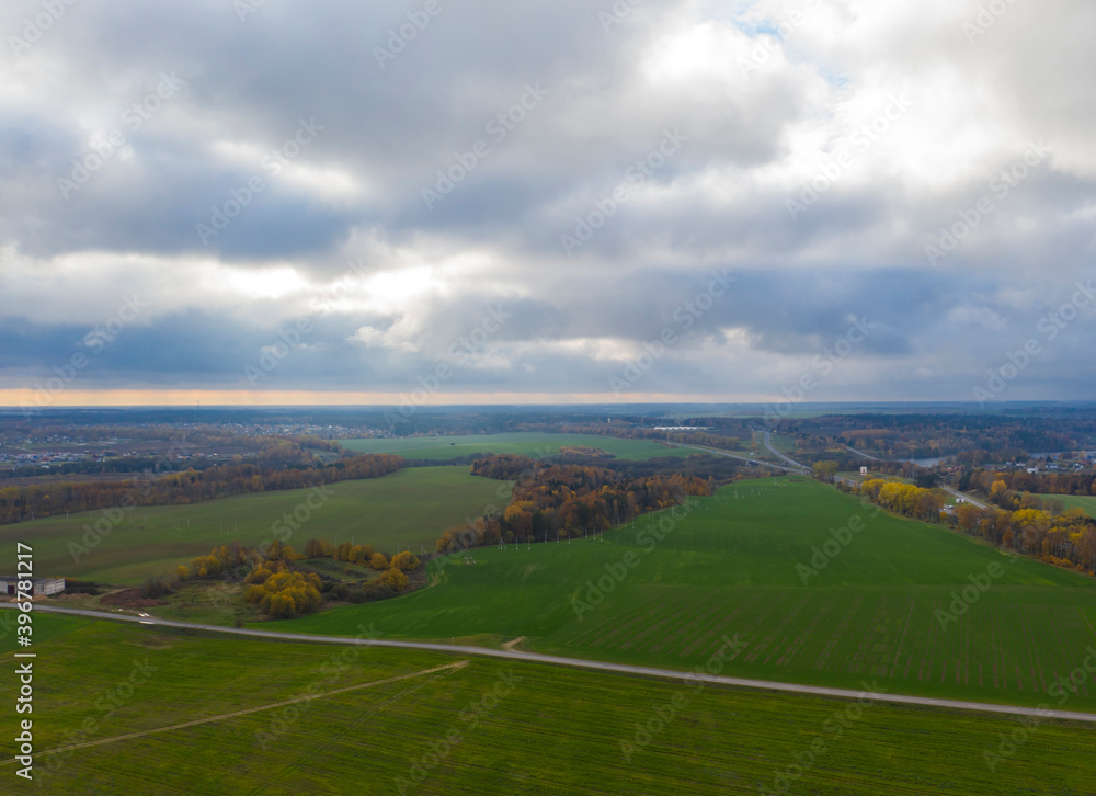 Aerial view of agricultural landscape in autumn season