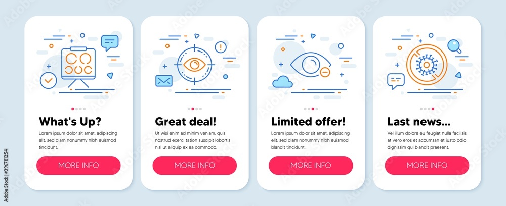 Set of Medical icons, such as Eye target, Myopia, Vision board symbols. Mobile app mockup banners. Stop coronavirus line icons. Optometry, Eye vision, No infection. Eye target icons. Vector