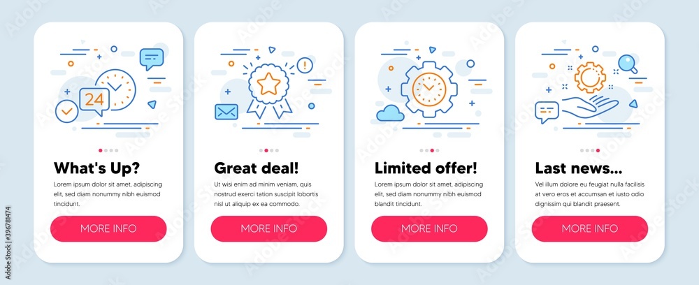 Set of Business icons, such as Time management, Ranking star, 24h service symbols. Mobile screen banners. Employee hand line icons. Settings, Winner medal, Call support. Work gear. Vector