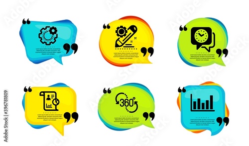 Clock, 360 degree and Project edit icons simple set. Speech bubble with quotes. Cogwheel, Report and Column chart signs. Time, Virtual reality, Settings. Vector
