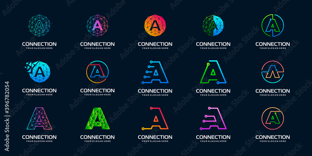 set of creative letter A Modern Digital Technology Logo Design. The logo can be used for technology, digital, connection, electric company. set of creative letter A Modern Digital Technology Logo Design. The logo can be used for technology, digital, connection, electric company.