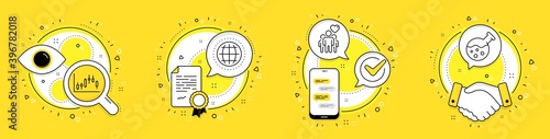 Friendship, Globe and Candlestick graph line icons set. Licence, cell phone and deal vector icons. Chemistry lab sign. Trust friends, Internet world, Finance chart. Laboratory. Business set. Vector