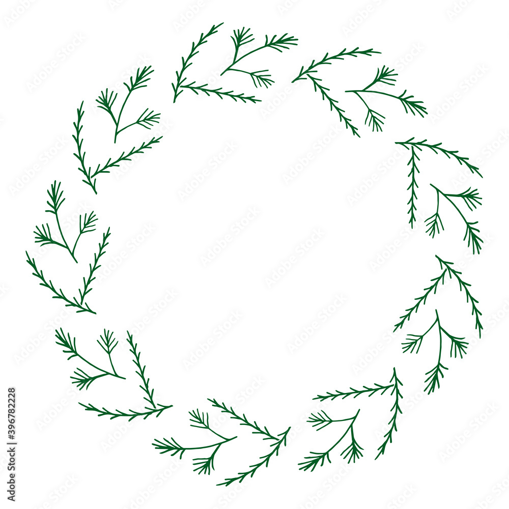 Round frame with simple pine branches. Vector image. Christmas wreath.