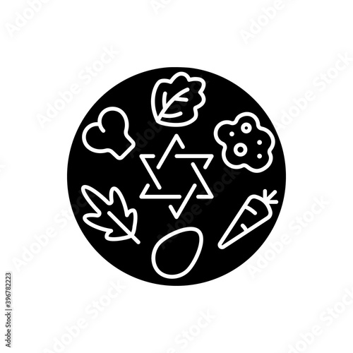 Passover Seder plate black glyph icon. Food platter. Symbolic foods. Six ritual items. Shankbone, karpas, chazeret, charoset, maror, egg. Silhouette symbol on white space. Vector isolated illustration