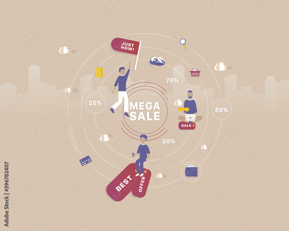 Obraz premium Mega sale. Online shop and market banner. Process Structure. Vector illustration with Web communication idea for telework, remote working, social media, business, finance, and start up