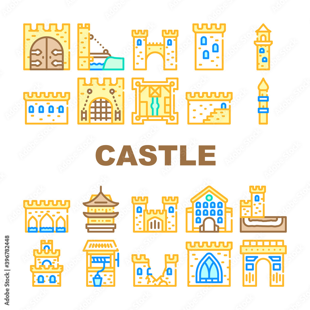 Castle Construction Collection Icons Set Vector Illustration