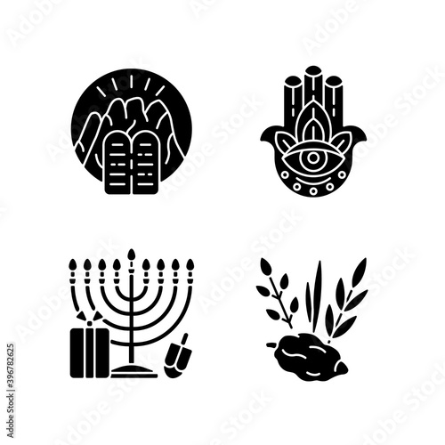 Judaism beliefs black glyph icons set on white space. Stone Tablets. Hamsa Hand. Nine-branched menorah. Four species. Ten Commandments at Mount Sinai. Silhouette symbols. Vector isolated illustration