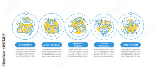 Exotic animal cruelty vector infographic template. Harm to wildlife presentation design elements. Data visualization with 5 steps. Process timeline chart. Workflow layout with linear icons