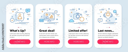 Set of Education icons, such as Developers chat, Recovery photo, Analytics graph symbols. Mobile screen app banners. Victory line icons. Manager talk, Backup data, Growth report. Vector