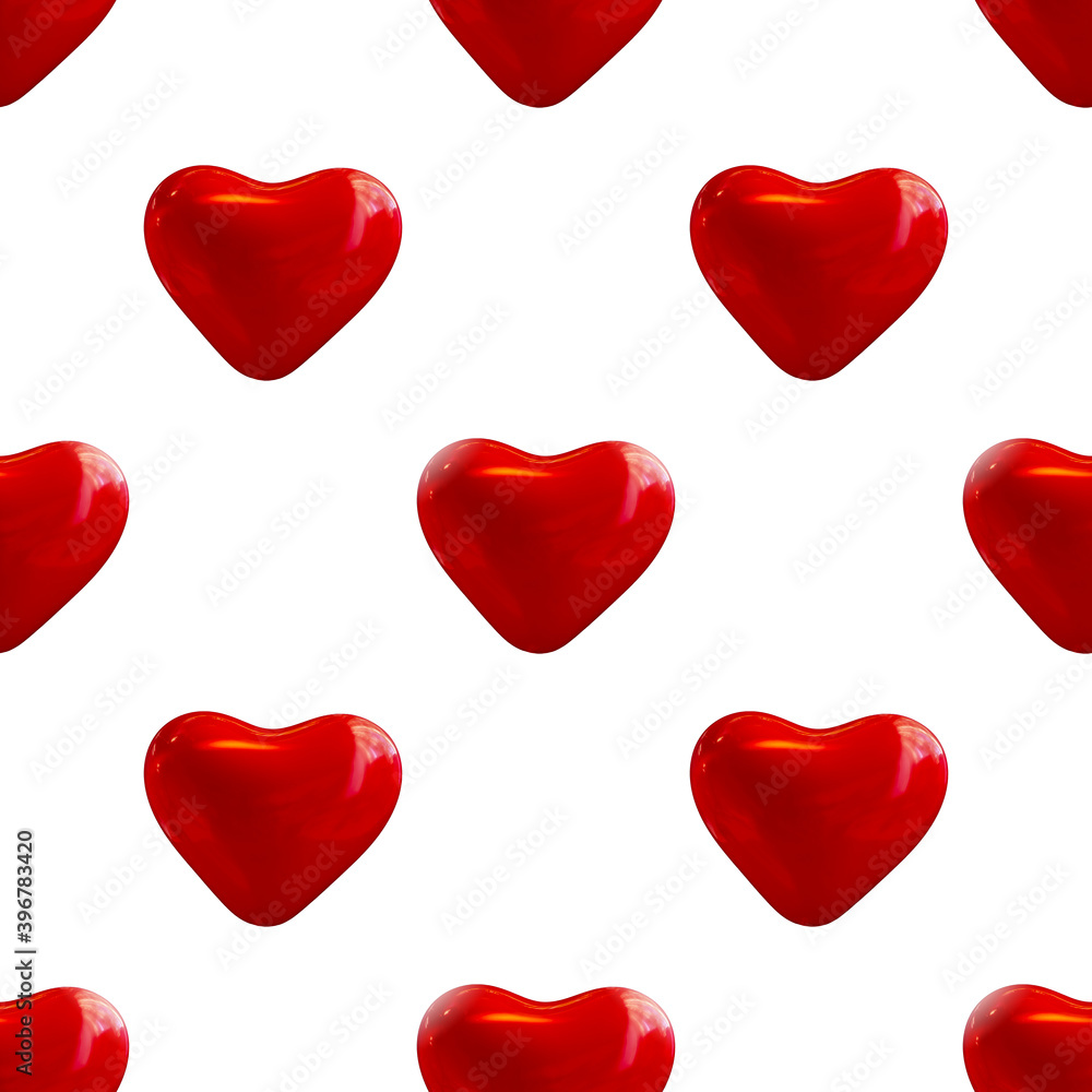 Red hearts on a white isolated background. Seamless pattern for Valentine's Day. 3D-image