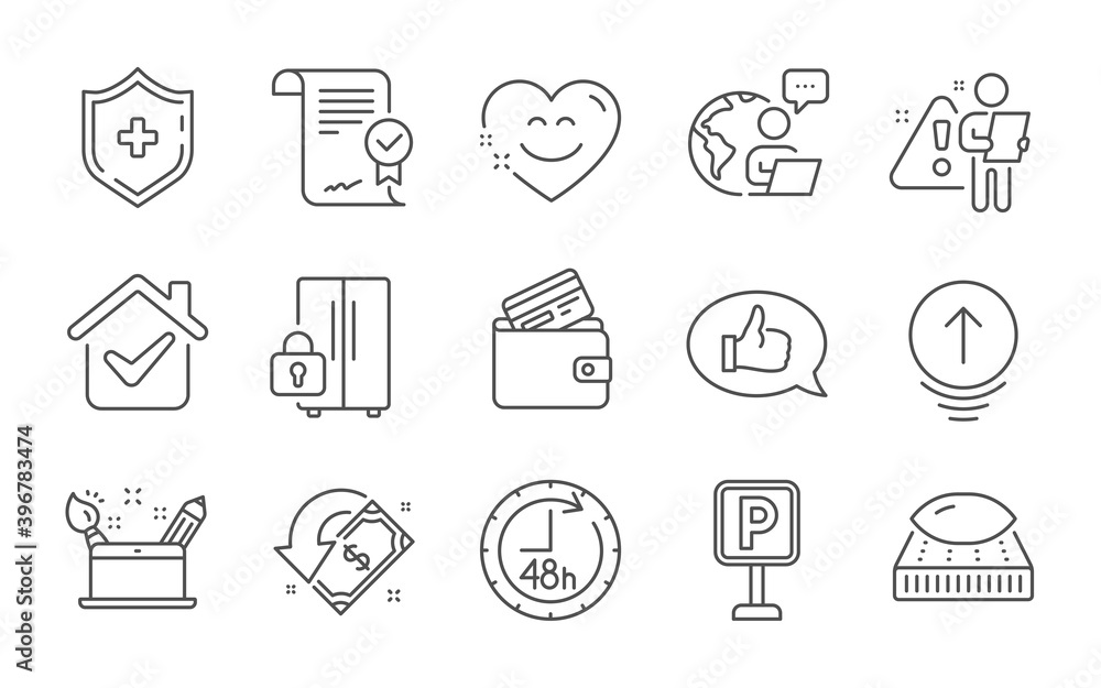 Mattress, Swipe up and Refrigerator line icons set. 48 hours, Debit card and Feedback signs. Approved agreement, Medical shield and Smile chat symbols. Line icons set. Vector Mattress, Swipe up and Refrigerator line icons set. 48 hours, Debit card and Feedback signs. Approved agreement, Medical shield and Smile chat symbols. Line icons set. Vector