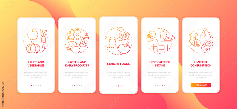Healthy breastfeeding diet onboarding mobile app page screen with concepts. Limit caffeine intake walkthrough 5 steps graphic instructions. UI vector template with RGB color illustrations