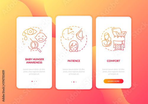 Breastfeeding tips onboarding mobile app page screen with concepts. Comfort place to give food to child walkthrough 3 steps graphic instructions. UI vector template with RGB color illustrations