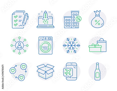 Business icons set. Included icon as Friends community, Open box, Loan house signs. Gifts, Loan, Survey checklist symbols. Networking, Start business, Laundry. Flight mode, Beer. Vector