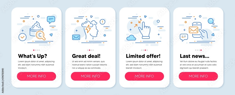 Set of Business icons, such as Mindfulness stress, Touchscreen gesture, Collagen skin symbols. Mobile app mockup banners. Messenger mail line icons. Cloud storm, Zoom out, Skin care. Vector