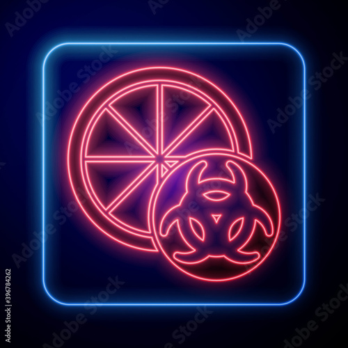Glowing neon Genetically modified citrus fruit icon isolated on blue background. Orange in a cut. Healthy lifestyle. GMO fruit. Vector.