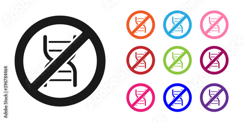 Black Stop GMO icon isolated on white background. Genetically modified organism acronym. Dna food modification. Set icons colorful. Vector.