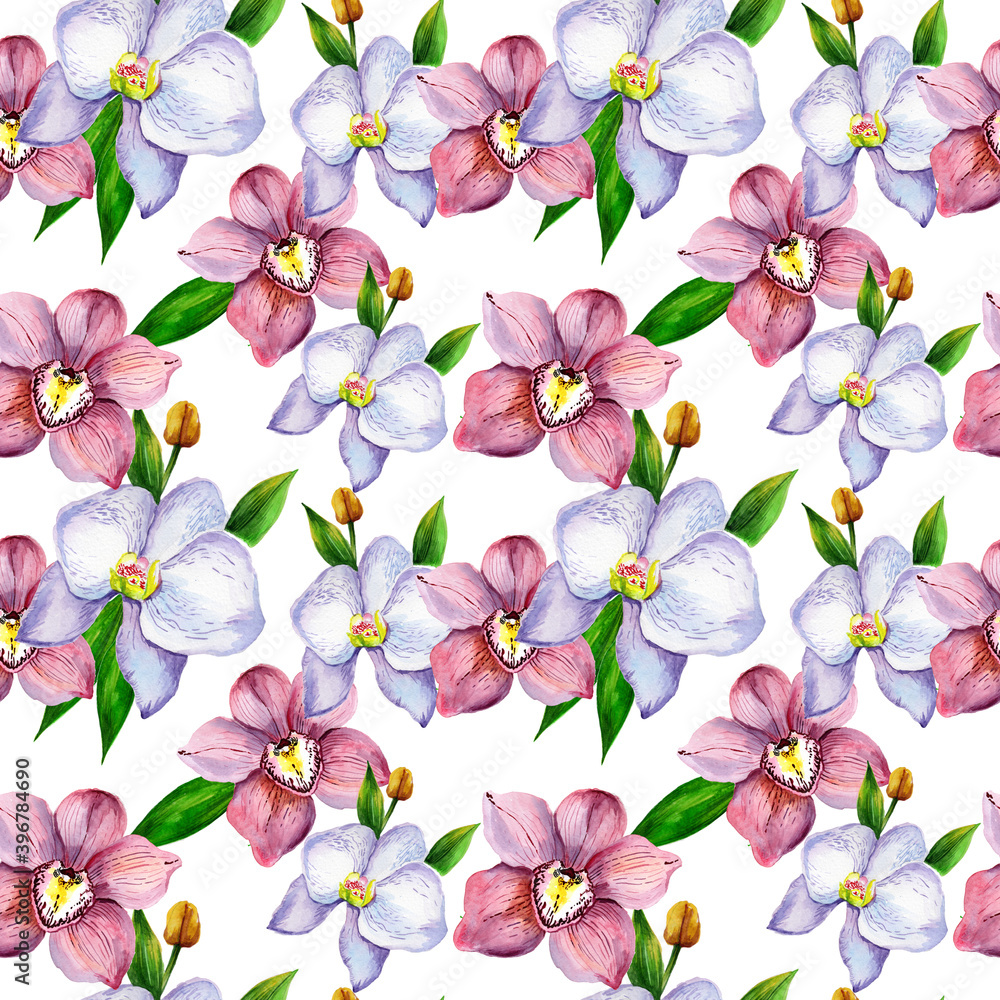 seamless pattern with flowers, tropical leaves, green leaves, exotic leaves, exotic flower, orchid